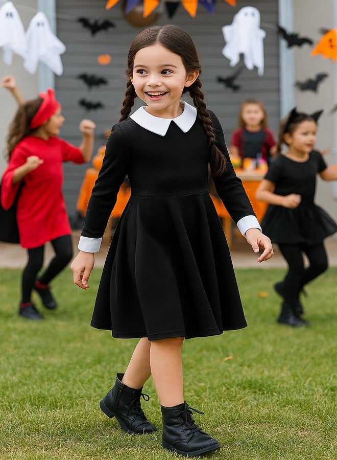 CQDY Girls Black Dress Kids Long Sleeve Vintage Peter Pan Collar T-Shirt Dress Halloween Costume Cosplay Outfit - Image 2